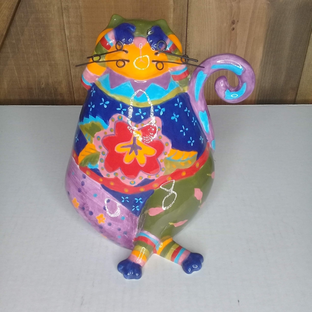 Joyce Shelton Catitude Scaredy Cat Patchwork Whimsical Artc Ceramic Statue